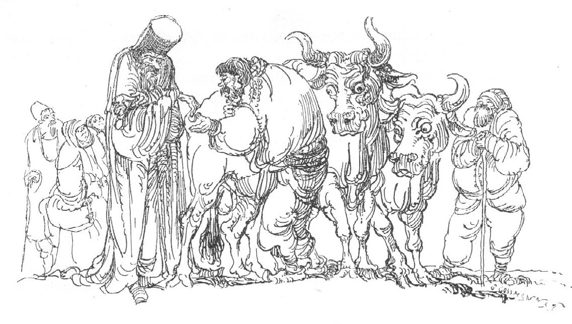 Bauer mit seinen Ochsen auf dem Markt